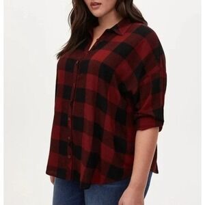 NEW Torrid Buffalo Plaid Drop Shoulder Button Up Blouse Top Red Black XL Size 00
